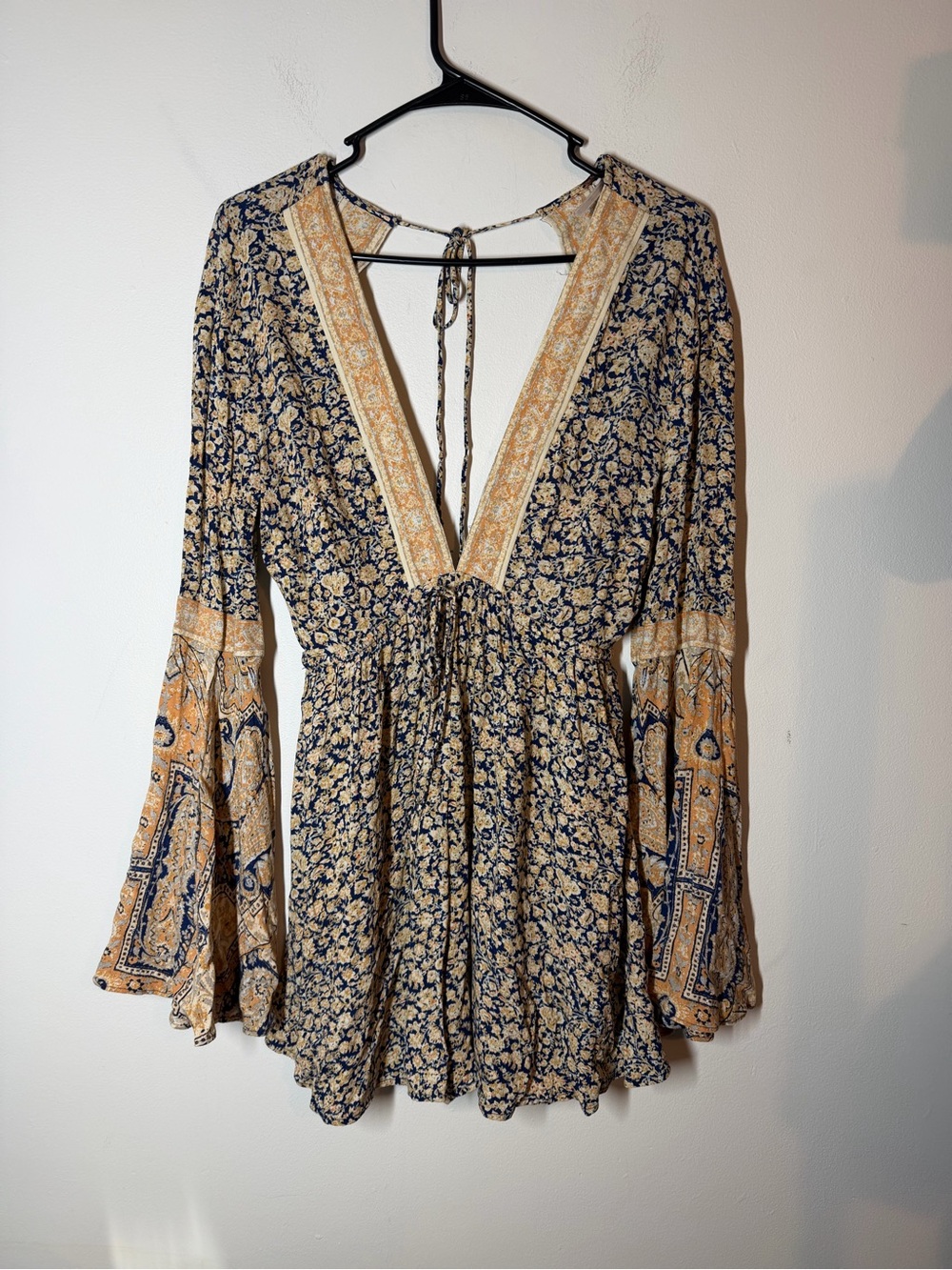 Free People Navy & Mustard Floral V-Neck Long Sleeve Tunic